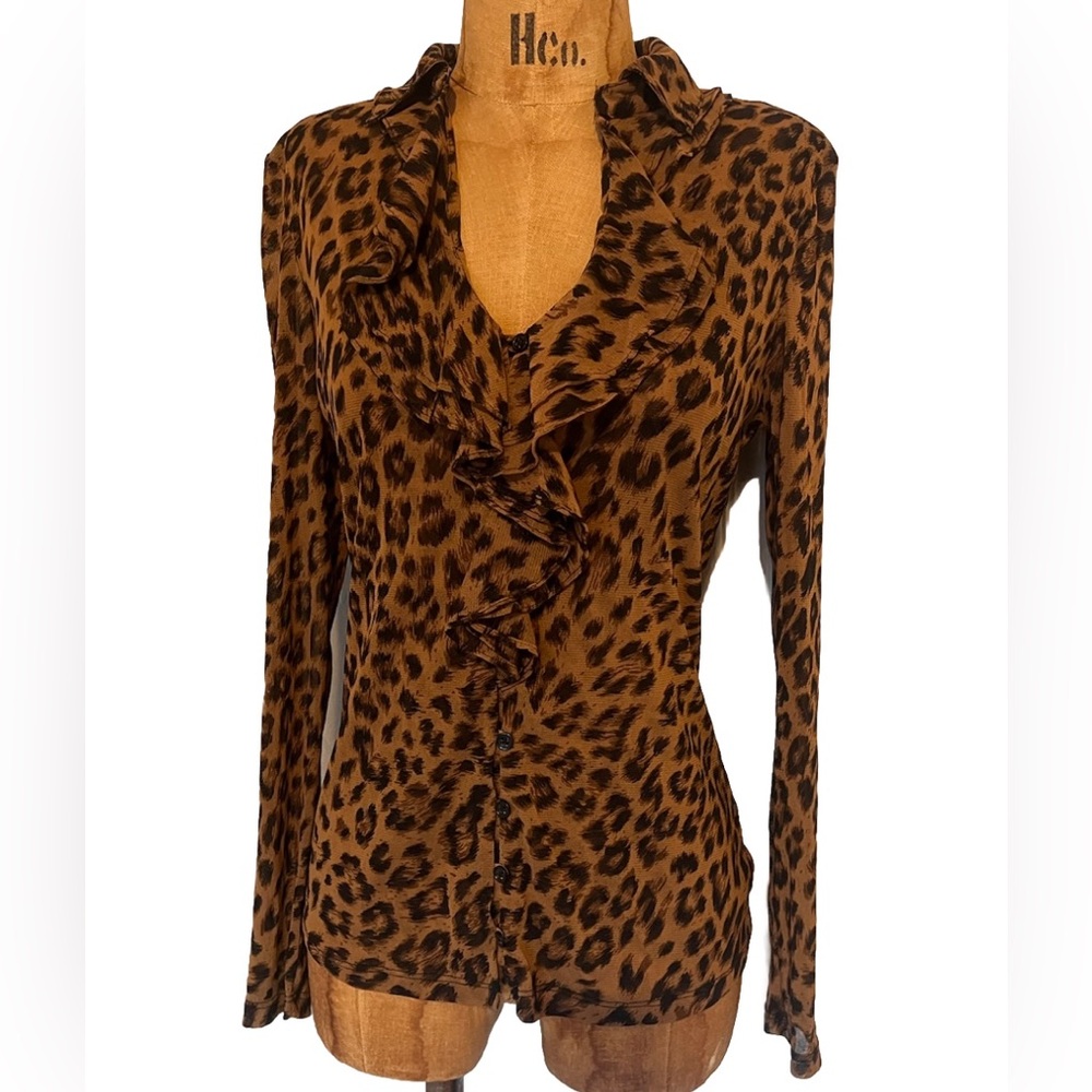 EUC INC Lightweight Leopard Nylon Ruffled Button Down Blouse XS/S